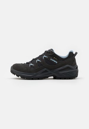 Black and grey hiking shoe with suede and mesh material, lightweight design, textured sole, and blue accents for lacing and inner lining.