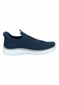 Sneaker slip-on blu navy con tomaia in rete traspirante, dettagli testurizzati e suola bianca ammortizzata con scanalature ben definite.