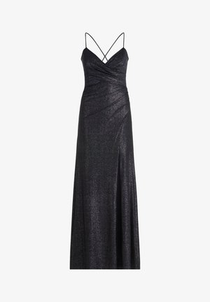 Schwarz, langes Abendkleid mit einem Schimmereffekt. Es verfügt über dünne, kreuzende Träger, ein tailliertes Oberteil und einen fließenden Rock mit einem seitlichen Schlitz.