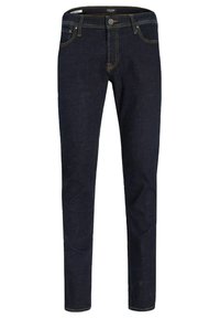 Tmavě modré slim-fit džíny s knoflíkovým a zipovým zapínáním, předními a zadními kapsami a kontrastním prošíváním.