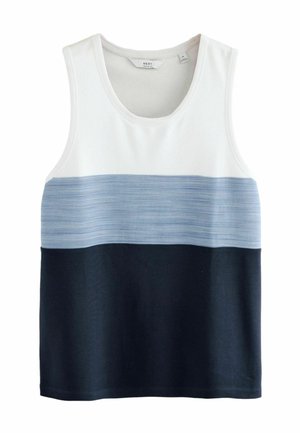 Top senza maniche con una parte superiore bianca, un pannello centrale di un blu chiaro testurizzato e una parte inferiore di un blu navy scuro.