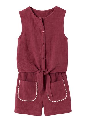 Sleeveless burgundy romper with front buttons, waist tie, and two front pockets trimmed with white scalloped edges.