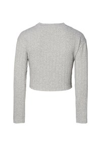 Grauer, gerippter, langärmeliger, kurz geschnittener Pullover mit Rundhalsausschnitt und taillierter Passform, aus einem weichen, strukturierten Strickmaterial.