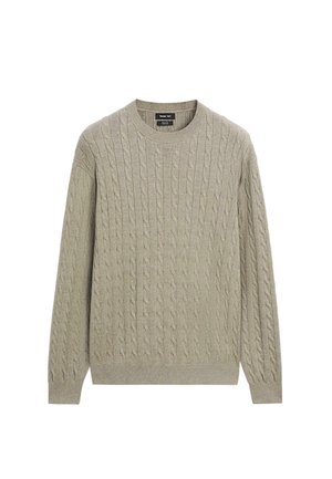 Lysegrøn strikket sweater med kabelmønster, lange ærmer, rund halsudskæring samt ribstrikkede manchetter og kant. Blød tekstur og ensartede sting.