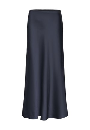 Marineblauwe, lange rok van gladde stof, met een eenvoudig, klassiek ontwerp en een rechte silhouet zonder zichtbare versieringen.