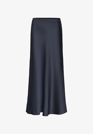 Jupe longue bleu marine en tissu lisse, avec un design simple et classique, présentant une silhouette droite et sans embellissements visibles.