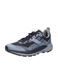 Schwarz und hellblaue Sportschuhe mit einer strukturierten Oberseite, gemusterten Akzenten und einer Gummisohle, die für Traktion ausgelegt ist.
