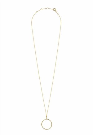 Collier en ton doré avec une chaîne fine et un pendentif circulaire au centre. Le pendentif a une surface lisse et un design minimaliste.