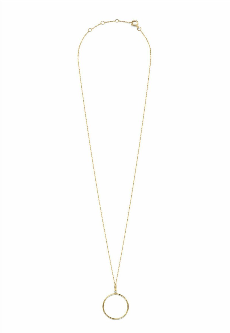 Guldfärgad kedja med en tunn kedja och en cirkulär berlock i mitten. Berlocken har en slät yta och en minimalistisk design.