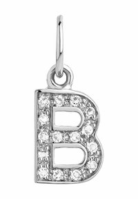 Colgante de letra "B" en plata adornado con piedras preciosas transparentes, con un acabado pulido, un lazo redondeado y un detalle superficial texturizado.