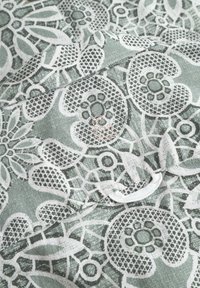 Tessuto verde e bianco con un intricato motivo in pizzo che presenta motivi floreali, forme circolari e una finitura testurizzata. Include un piccolo dettaglio decorativo.