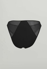 Schwarze Bikini-Unterwäsche für Frauen mit solidem Frontpanel und transparenten Mesh-Seitenpanelen auf einem hellen Hintergrund.