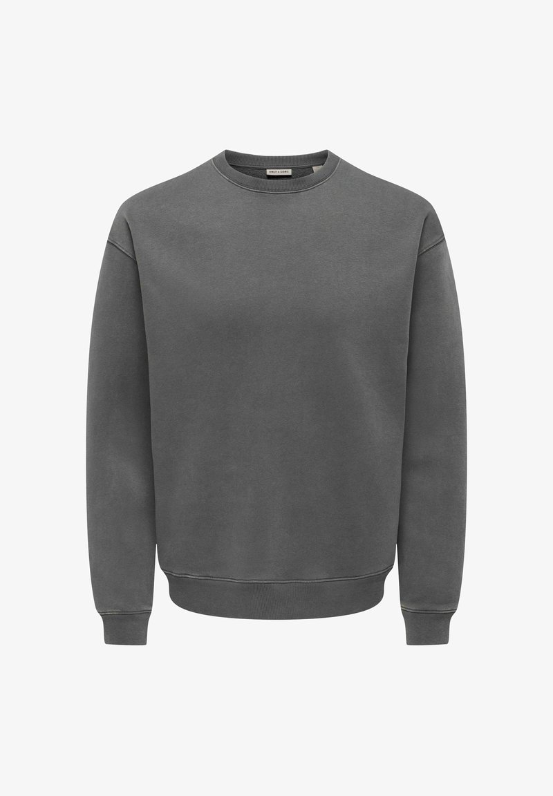 Sweat-shirt gris foncé à manches longues, col rond, poignets et bas côtelés, design uni, présenté sur fond blanc.