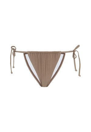 Brown bikini bottom with adjustable side ties, featuring a smooth fabric texture and a contrasting sheer panel on each side.