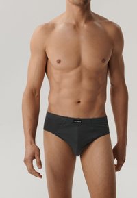 Szare męskie slipsy wykonane z miękkiego materiału, z markowym paskiem w talii i dopasowanym krojem, o klasycznym designie i gładkiej fakturze.