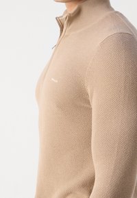 Maglione in maglia beige con texture, dotato di zip a quarto, indossato da una persona mostrata dalla nuca fino alla vita, vista laterale.