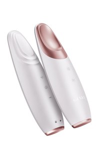 Twee slanke draagbare apparaten, één wit en één met roségouden accenten. Elk heeft een gebogen vorm, een zachte textuur en bedieningsknoppen.