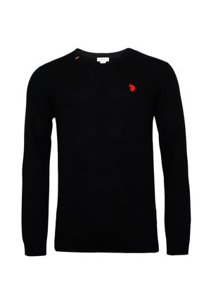 Suéter negro con escote en V, mangas largas, puños acanalados y dobladillo inferior. Presenta un pequeño logo bordado en rojo en el pecho.