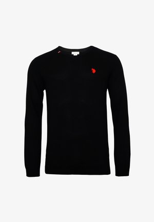 Fekete V-nyakú pulóver, hosszú ujjal, bordás mandzsettával és alján bordázottszegéllyel. A mellkasán egy kis piros hímzett logó található.