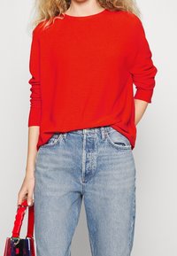 Roter Strickpullover mit langen Ärmeln, kombiniert mit hellblauen, hochtaillierten Jeans. Eine rote und transparente Handtasche wird in der rechten Hand gehalten.