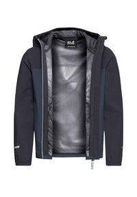 Veste imperméable bleu marine avec doublure en filet, poche intérieure et capuche réglable. Comprend des accents réfléchissants et une texture extérieure lisse.