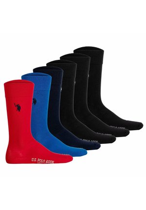 Sættes med bomuldsstrømper i rød, blå, mørkeblå og sort farve med ribbet design og U.S. Polo Assn. logo på siden.