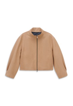 Camel-colored cropped jacket with long sleeves, stand collar, and central zip closure on white background.