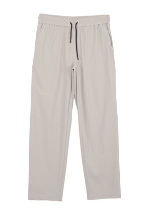 Pantaloni casual beige chiaro con vita elastica e coulisse nera, con tasche laterali e taglio a gamba dritta.
