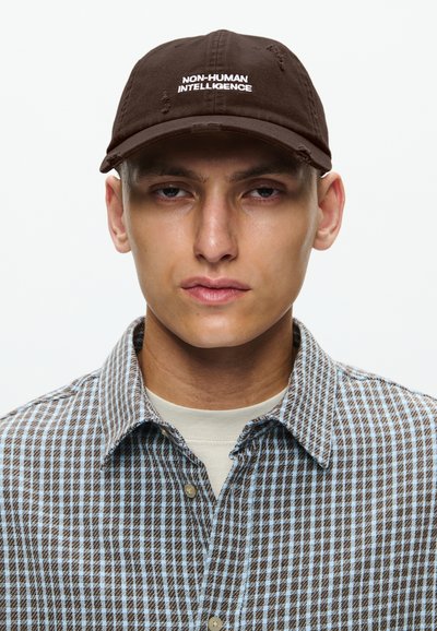 Brūns kokvilnas cepure ar bordo uzrakstu "NENOSŪTAMĀ INTELIĢENCE" baltā krāsā. Nēsātājs valkā pārbaudītu kreklu brūnos un zilās toņos.