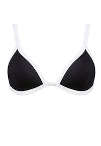 Czarny trójkątny biustonosz bikini z teksturowanej tkaniny, białym wykończeniem i regulowanymi ramiączkami. Posiada wzór w plaster miodu na miseczkach.