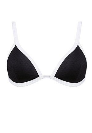Czarny trójkątny biustonosz bikini z teksturowanej tkaniny, białym wykończeniem i regulowanymi ramiączkami. Posiada wzór w plaster miodu na miseczkach.