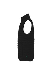 Black sleeveless puffer vest with high collar, quilted design, side zip pocket, and a green logo accent on the lower left side.
