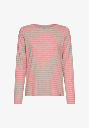 Langarmshirt met roze en grijze horizontale strepen, ronde hals en een klein merketiketje aan de onderzijde links. Zacht katoenen materiaal.