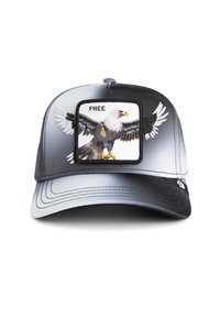 Gorra negra y gris con un parche frontal que presenta un águila bordada y la palabra "LIBRE". Tiene una visera curva y un diseño estructurado.