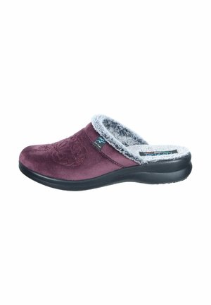 Burgundy suede clog with a soft gray faux fur lining, featuring a textured floral design and a black rubber sole for traction.