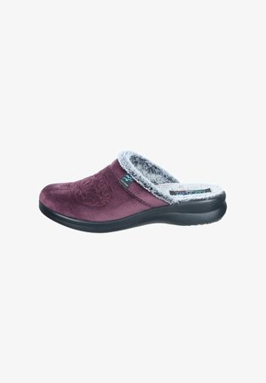 Burgundy suede clog with a soft gray faux fur lining, featuring a textured floral design and a black rubber sole for traction.