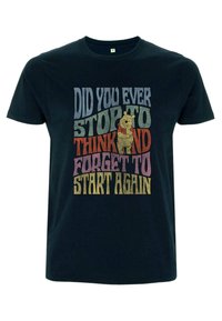 Navy blue cotton t-shirt with short sleeves featuring colorful text and a graphic of a bear holding a honey pot.