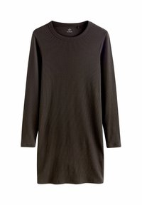 Vestido de manga larga, gris oscuro, con un diseño de canalé y escote redondo. La tela es suave, con una textura lisa y un corte relajado.