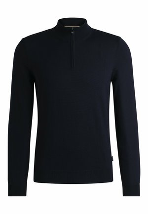 Dunkelblauer Pullover mit hohem Kragen und halblangem Reißverschluss. Aus glattem Strickstoff mit gerippten Bündchen und Saum. Einfaches Design.