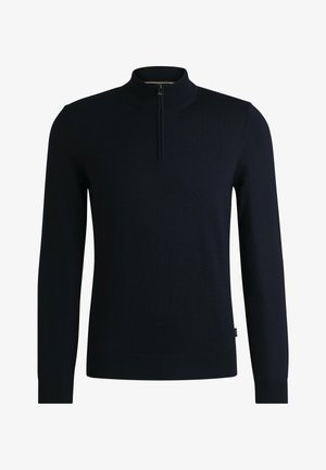 Tumma laivastonsininen neulepusero, jossa on korkea kaulus ja puolivetoketju. Valmistettu sileästä neulekankaasta, jossa on ribbaus hihansuissa ja helmassa. Yksinkertainen muotoilu.