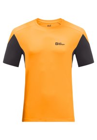 Oranžové tričko s krátkým rukávem a černými akcenty na ramenou. Vyrobeno z materiálu, který odvádí vlhkost, s logem na hrudi.