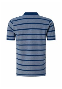 Korte mouw polo met lichtgrijze stof en donkerblauwe horizontale strepen. Heeft een klassieke kraag en een recht model.