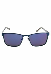 Ochelari de soare cu ramă metalică de culoare albastru închis, formă rectangulară și lentile cu gradient purpuriu. Dispune de brațe gri și pernuțe ajustabile pentru nas.