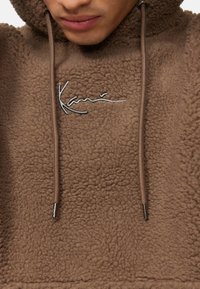 Sudadera de felpa marrón con una textura suave, que presenta un logo bordado en plata y cordones a juego con puntas de metal.