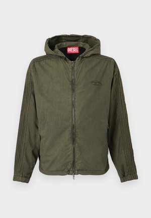 Olive green hooded jacket made of lightweight fabric. Features a front zipper, elastic cuffs, and textured stripes along the sides. Brand logo visible.