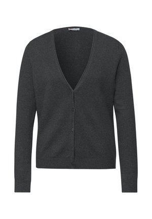 Donkergrijze cardigan gemaakt van zachte gebreide stof, met een diepe V-hals, knopen aan de voorkant en geribbelde boorden en zoom voor een aangesloten silhouet.