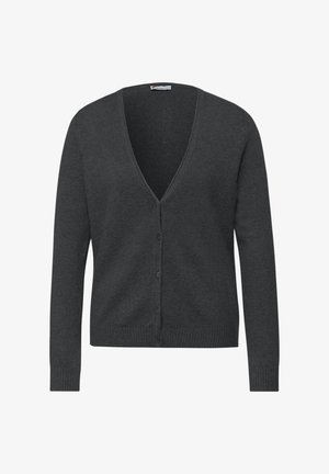 Cardigan gris foncé en tissu tricoté doux, avec un col en V profond, des boutons sur le devant, et des poignets et ourlet côtelés pour une silhouette ajustée.