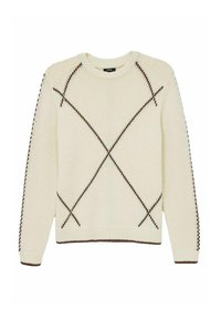 Krēmkrāsas adīts džemperis ar apaļu kakla izgriezumu, ar brūniem diagonāliem svītrām, kas veido X rakstu, un ribu aprocēm un apakšmalu.