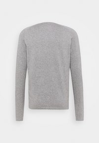 Jednobarevný světle šedý pletený svetr s dlouhými rukávy zobrazený zezadu, s jednoduchým kulatým výstřihem a bez viditelných vzorů.