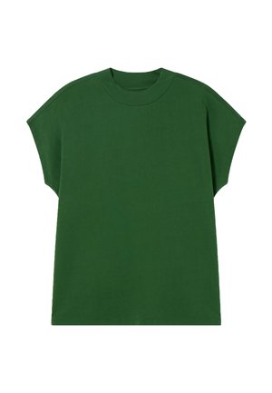 Zelené oversized tričko vyrobené z bavlny, s kulatým výstřihem a krátkými rukávy, s hladkým, texturovaným povrchem.